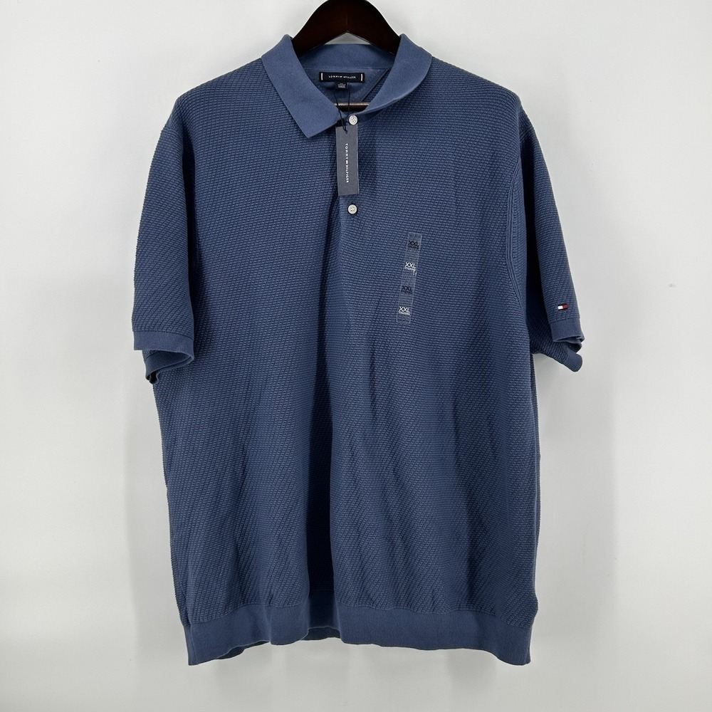 Tommy Hilfiger Polo Shirt Mens XXL Blue Waffle Textured Knit Short Sleeve NWT